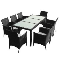 vidaXL Set comedor de jardín 9 piezas y cojines ratán sintético negro