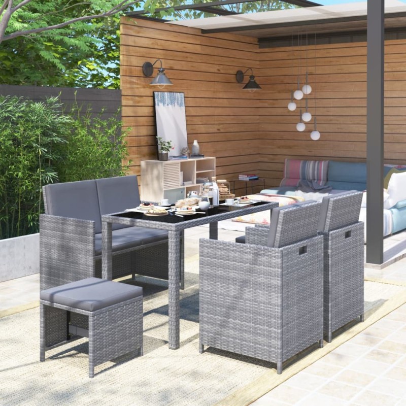 vidaXL Set de comedor de jardín 6 pzas y cojines ratán sintético gris vidaXL Set de comedor de jardín 6 pzas y cojines ratán sintético gris