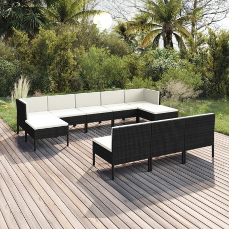 vidaXL Set muebles de jardín 10 piezas y cojines ratán sintético negro