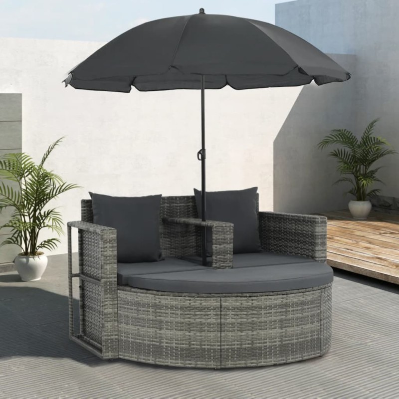 vidaXL Sofá de jardín 2 plazas con cojines y sombrilla ratán PE gris vidaXL Sofá de jardín 2 plazas con cojines y sombrilla ratán PE gris