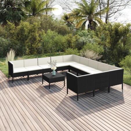 vidaXL Set de muebles de jardín 12 pzas cojines ratán sintético negro