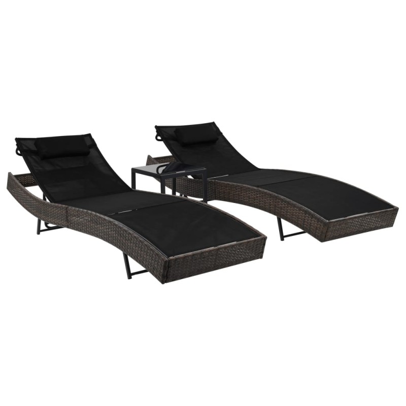 vidaXL Tumbonas con mesita 2 unidades ratán sintético textilene marrón vidaXL Tumbonas con mesita 2 unidades ratán sintético textilene marrón