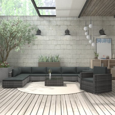 vidaXL Set de muebles de jardín 11 pzas y cojines ratán sintético gris