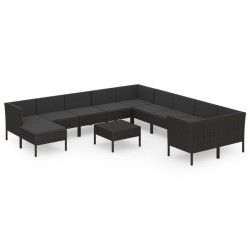 vidaXL Set muebles de jardín 12 pzas y cojines ratán sintético negro