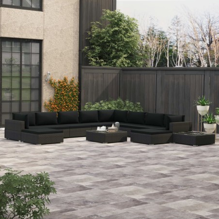 vidaXL Set muebles de jardín 12 pzas y cojines ratán sintético negro 