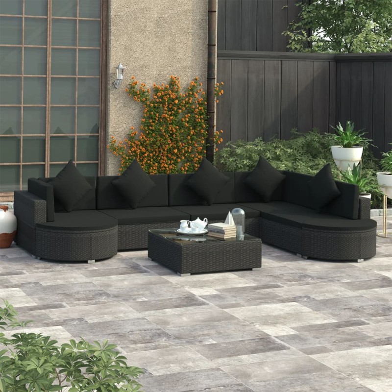 vidaXL Set muebles de jardín y cojines 8 piezas ratán sintético negro vidaXL Set muebles de jardín y cojines 8 piezas ratán sintético negro