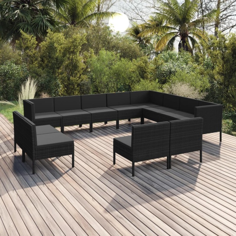 vidaXL Set de muebles de jardín 12 pzas cojines ratán sintético negro