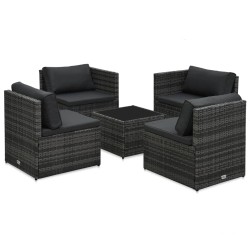 vidaXL Set de muebles de jardín 5 pzas y cojines ratán sintético gris