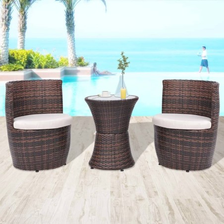 vidaXL Set mesa y sillas de jardín 3 pzas y cojines poli ratán marrón