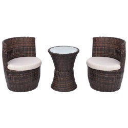 vidaXL Set mesa y sillas de jardín 3 pzas y cojines poli ratán marrón