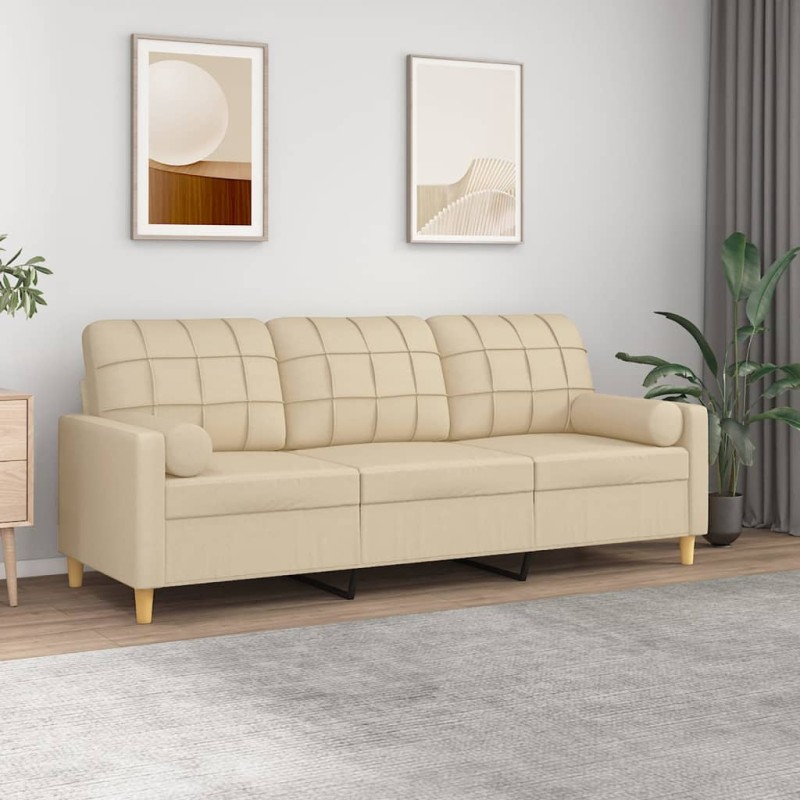 vidaXL Sofá de 3 plazas con cojines tela color crema 180 cm vidaXL Sofá de 3 plazas con cojines tela color crema 180 cm