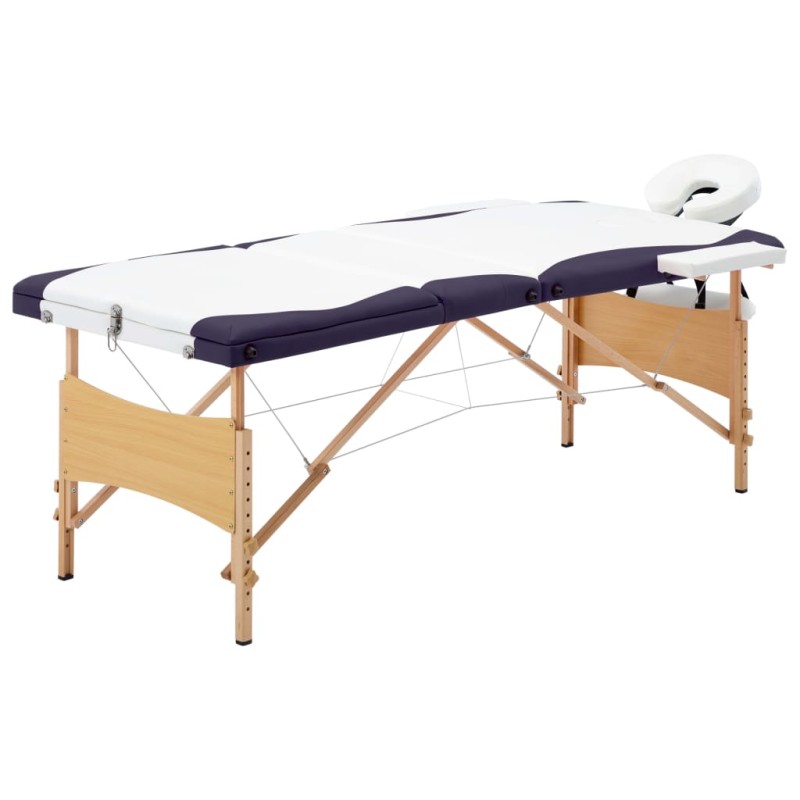 vidaXL Camilla de masaje plegable 3 zonas madera blanco y morado vidaXL Camilla de masaje plegable 3 zonas madera blanco y morado