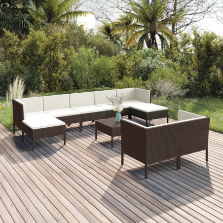 vidaXL Set muebles de jardín 10 pzas y cojines ratán sintético marrón
