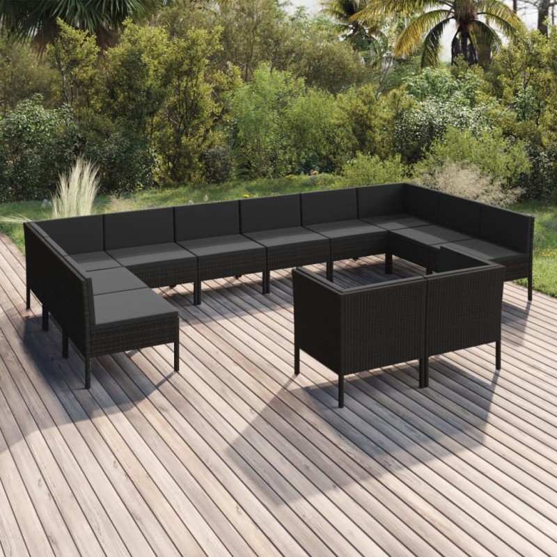vidaXL Set muebles de jardín 12 pzas y cojines ratán sintético negro vidaXL Set muebles de jardín 12 pzas y cojines ratán sintético negro