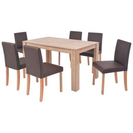vidaXL Sillas y mesa de comedor 7 pzas roble y cuero artificial marrón