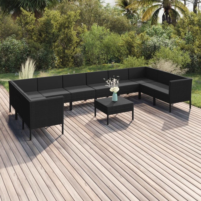 vidaXL Set de muebles de jardín 11 pzas cojines ratán sintético negro vidaXL Set de muebles de jardín 11 pzas cojines ratán sintético negro
