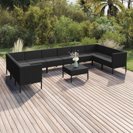 vidaXL Set de muebles de jardín 11 pzas cojines ratán sintético negro