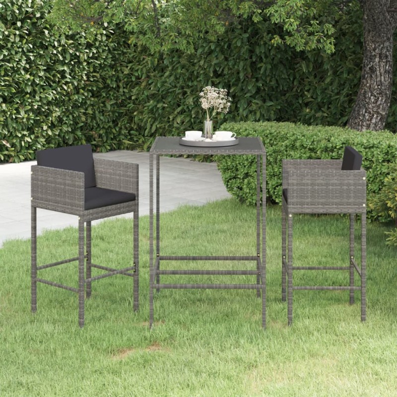 vidaXL Set de muebles bar jardín 3 pzas y cojines ratán sintético gris vidaXL Set de muebles bar jardín 3 pzas y cojines ratán sintético gris