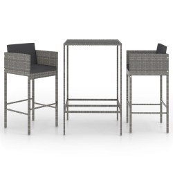 vidaXL Set de muebles bar jardín 3 pzas y cojines ratán sintético gris