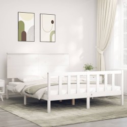 vidaXL Estructura de cama matrimonio con cabecero madera maciza blanco