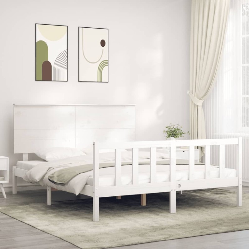 vidaXL Estructura de cama matrimonio con cabecero madera maciza blanco vidaXL Estructura de cama matrimonio con cabecero madera maciza blanco
