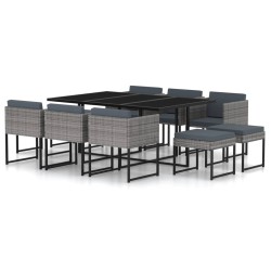 vidaXL Set de comedor para jardín 11 pzas cojines ratán sintético gris