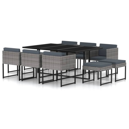 vidaXL Set de comedor para jardín 11 pzas cojines ratán sintético gris