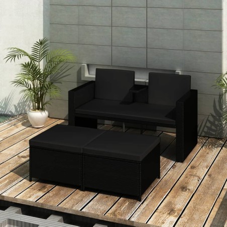 vidaXL Set de muebles de jardín 3 pzas y cojines ratán sintético negro