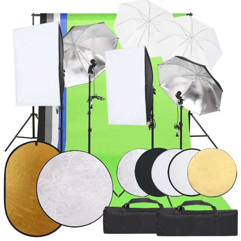 vidaXL Kit de estudio fotográfico con set de luces, fondo y reflector vidaXL Kit de estudio fotográfico con set de luces, fondo y reflector