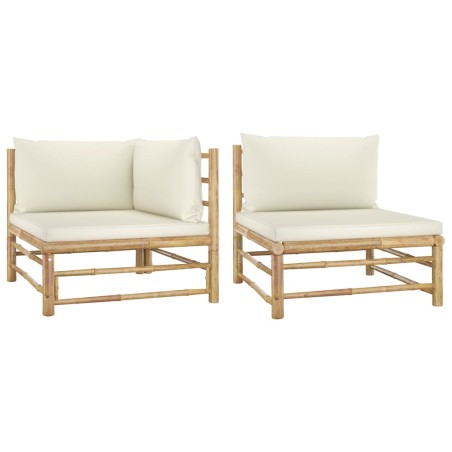 vidaXL Set de muebles de jardín 2 piezas bambú y cojines blanco crema