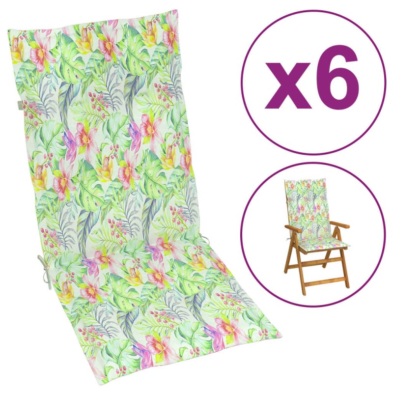 vidaXL Cojín silla de jardín respaldo alto 6 uds tela hojas 120x50x3cm vidaXL Cojín silla de jardín respaldo alto 6 uds tela hojas 120x50x3cm