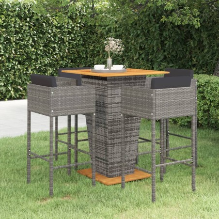 vidaXL Set muebles de bar jardín 5 pzas y cojines ratán sintético gris