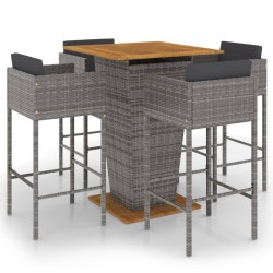 vidaXL Set muebles de bar jardín 5 pzas y cojines ratán sintético gris