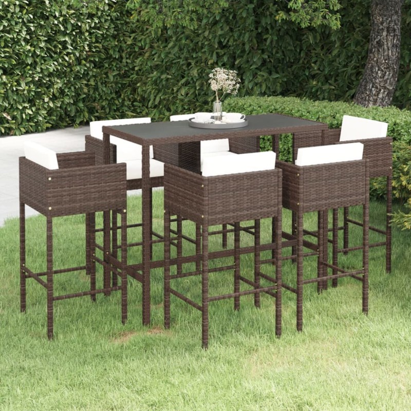 vidaXL Set de bar de jardín 7 pzas con cojines ratán sintético marrón vidaXL Set de bar de jardín 7 pzas con cojines ratán sintético marrón
