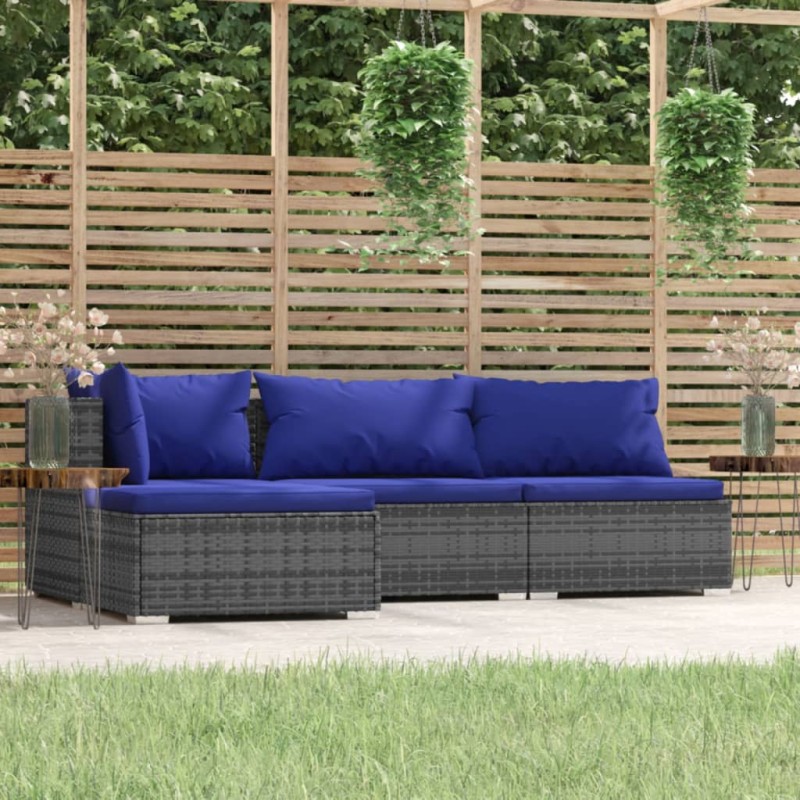 vidaXL Set de muebles de jardín 4 pzas y cojines ratán sintético gris vidaXL Set de muebles de jardín 4 pzas y cojines ratán sintético gris