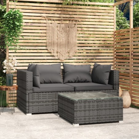 vidaXL Set de muebles de jardín 3 pzas y cojines ratán sintético gris