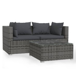 vidaXL Set de muebles de jardín 3 pzas y cojines ratán sintético gris