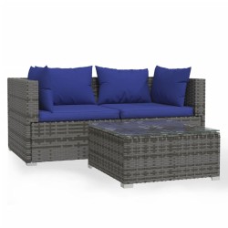 vidaXL Set de muebles de jardín 3 pzas y cojines ratán sintético gris