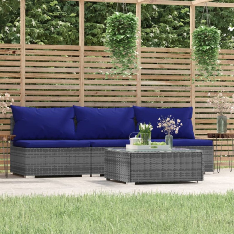 vidaXL Set de muebles de jardín 4 pzas y cojines ratán sintético gris vidaXL Set de muebles de jardín 4 pzas y cojines ratán sintético gris