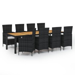 vidaXL Set comedor de jardín 9 piezas y cojines ratán sintético negro