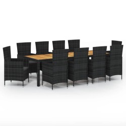 vidaXL Juego de comedor de jardín 11 pzas con cojines ratán PE negro