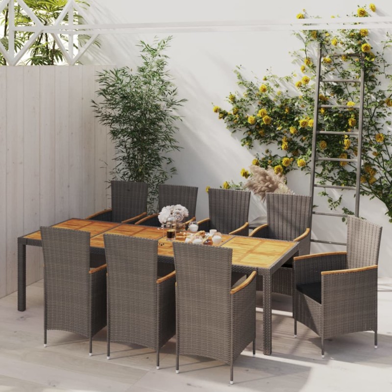 vidaXL Set de comedor de jardín 9 pzas y cojines ratán sintético gris