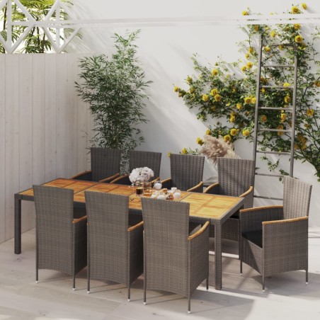 vidaXL Set de comedor de jardín 9 pzas y cojines ratán sintético gris