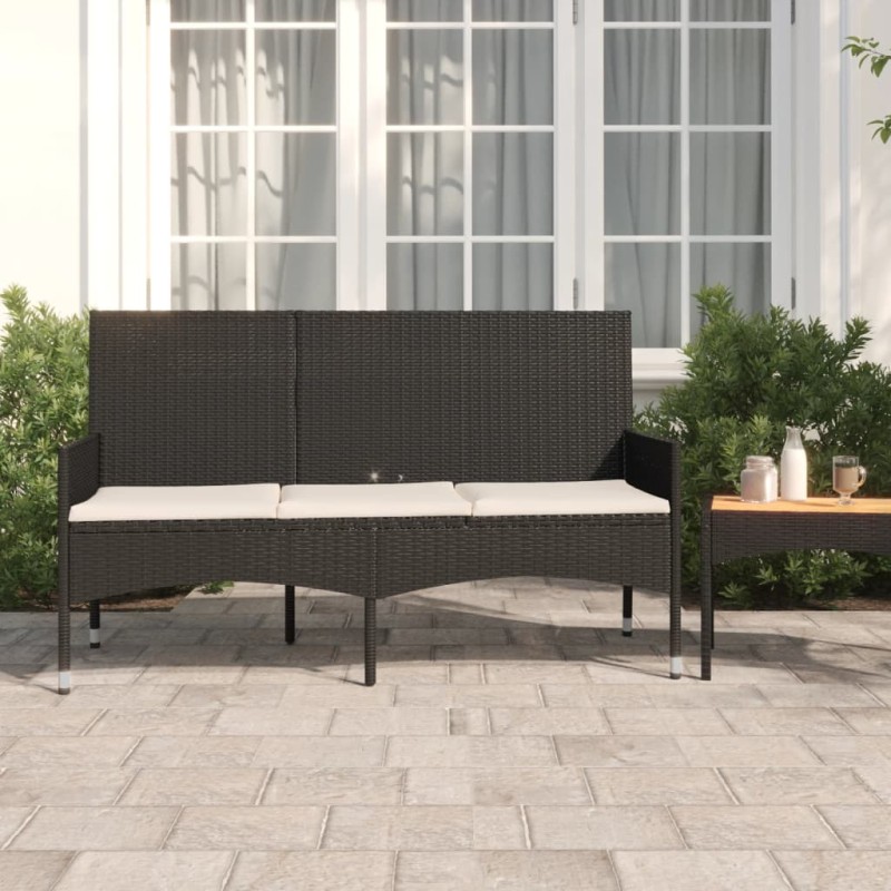 vidaXL Banco de jardín de 3 plazas con cojines ratán sintético negro vidaXL Banco de jardín de 3 plazas con cojines ratán sintético negro