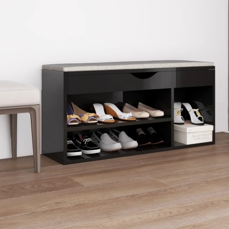 vividaXL Banco zapatero con cojín madera ingeniería negro brillo