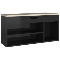 vividaXL Banco zapatero con cojín madera ingeniería negro brillo