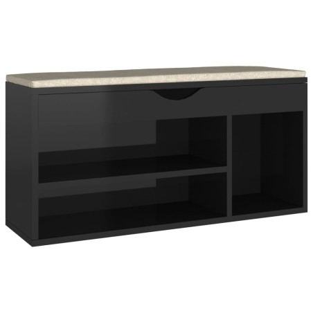 vividaXL Banco zapatero con cojín madera ingeniería negro brillo
