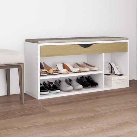 vidaXL Banco zapatero con cojín madera ingeniería blanco/roble sonoma