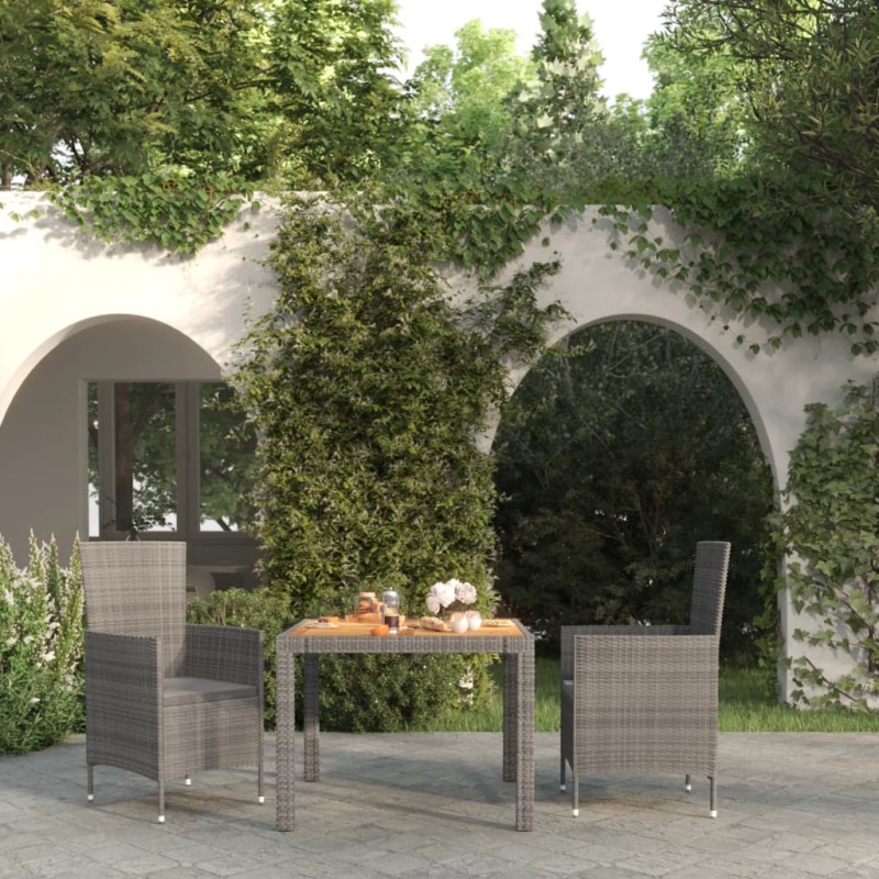 vidaXL Set de comedor de jardín 3 pzas y cojines ratán sintético gris