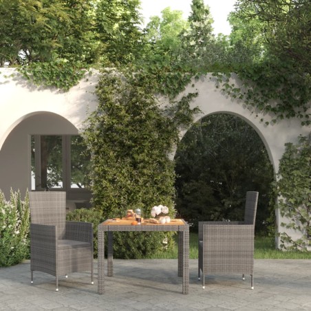vidaXL Set de comedor de jardín 3 pzas y cojines ratán sintético gris